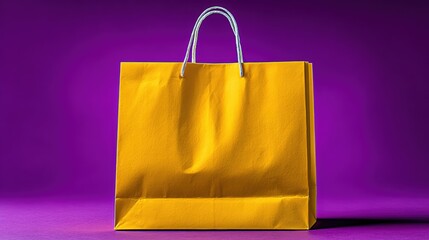 Vibrant yellow shopping bag against a purple background, ideal for retail promotions and marketing