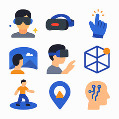 Virtual reality experience illustrated with icons showing headset user interaction