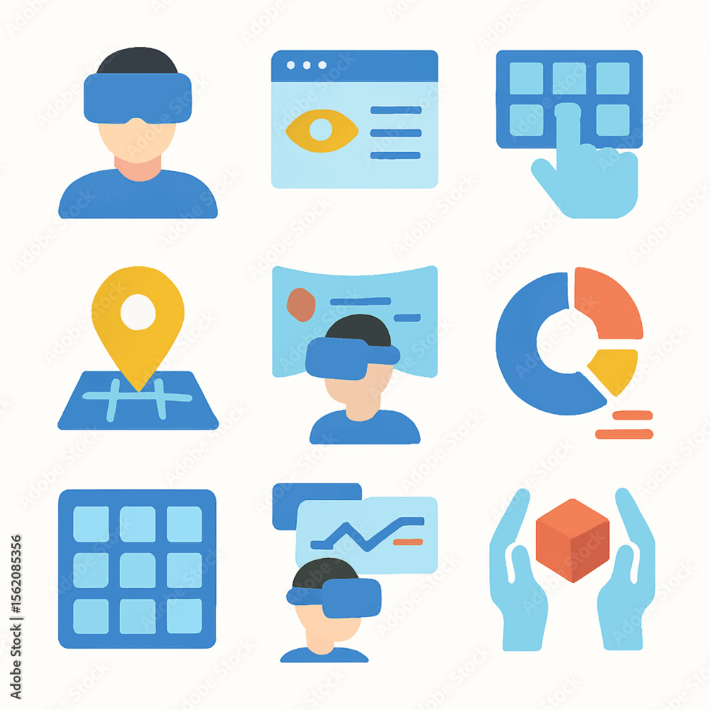 Poster virtual reality experience with data analytics and information visualization icons