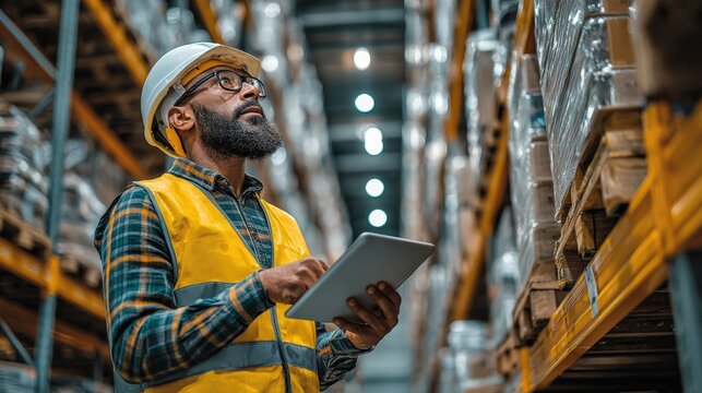 Warehouse worker conducting inventory checks while standing amidst shelves filled with products