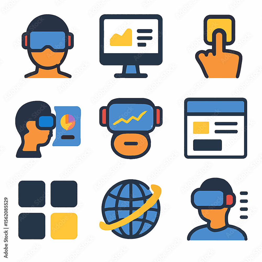 Poster virtual reality interface icons representing data analysis and global connection