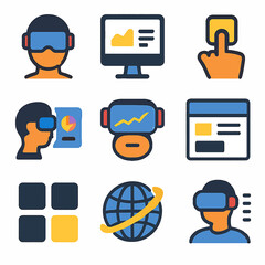 Virtual reality interface icons representing data analysis and global connection