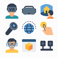 Virtual reality technology icons depicting immersive experiences and digital interaction