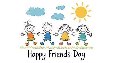 Naklejka premium Cartoon Children Holding Hands Celebrating Happy Friends Day with Sun, Clouds, and Grass Illustration