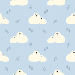Polar bear and son cartoon so cute. On tree light blue background. Pattern seamless vector illustration. 