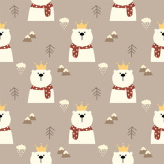 Polar bear crown scarf cartoon so cute. On tree cloud snow mountain brown background. Pattern seamless vector illustration. 
