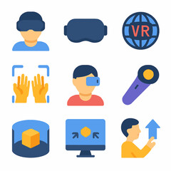 Virtual Reality Technology Icons Set Depicting Interactions and Digital Interfaces