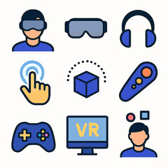 Virtual reality technology icons set featuring headset, controller, and monitor