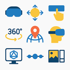 Virtual reality technology vector icons showcasing immersive experiences and digital interfaces