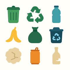 Waste management symbols featuring recycling, trash can, and organic waste icons