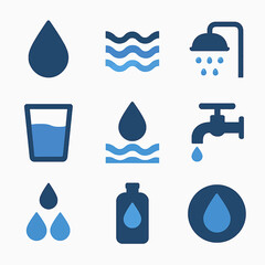 Water conservation vector icons symbolizing usage, purity, and sustainable practices