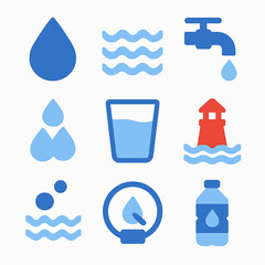 Water icons collection featuring drop, waves, tap, glass, lighthouse and bottle symbols