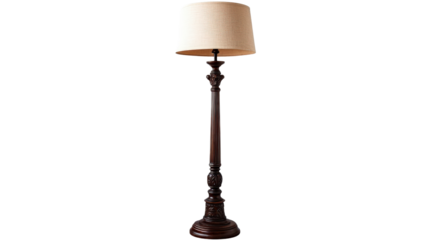 Classic vintage-style floor lamp with ornate base and beige shade Transparent background, PNG