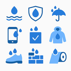 Waterproofing icons illustration of water protection for fabric and technology