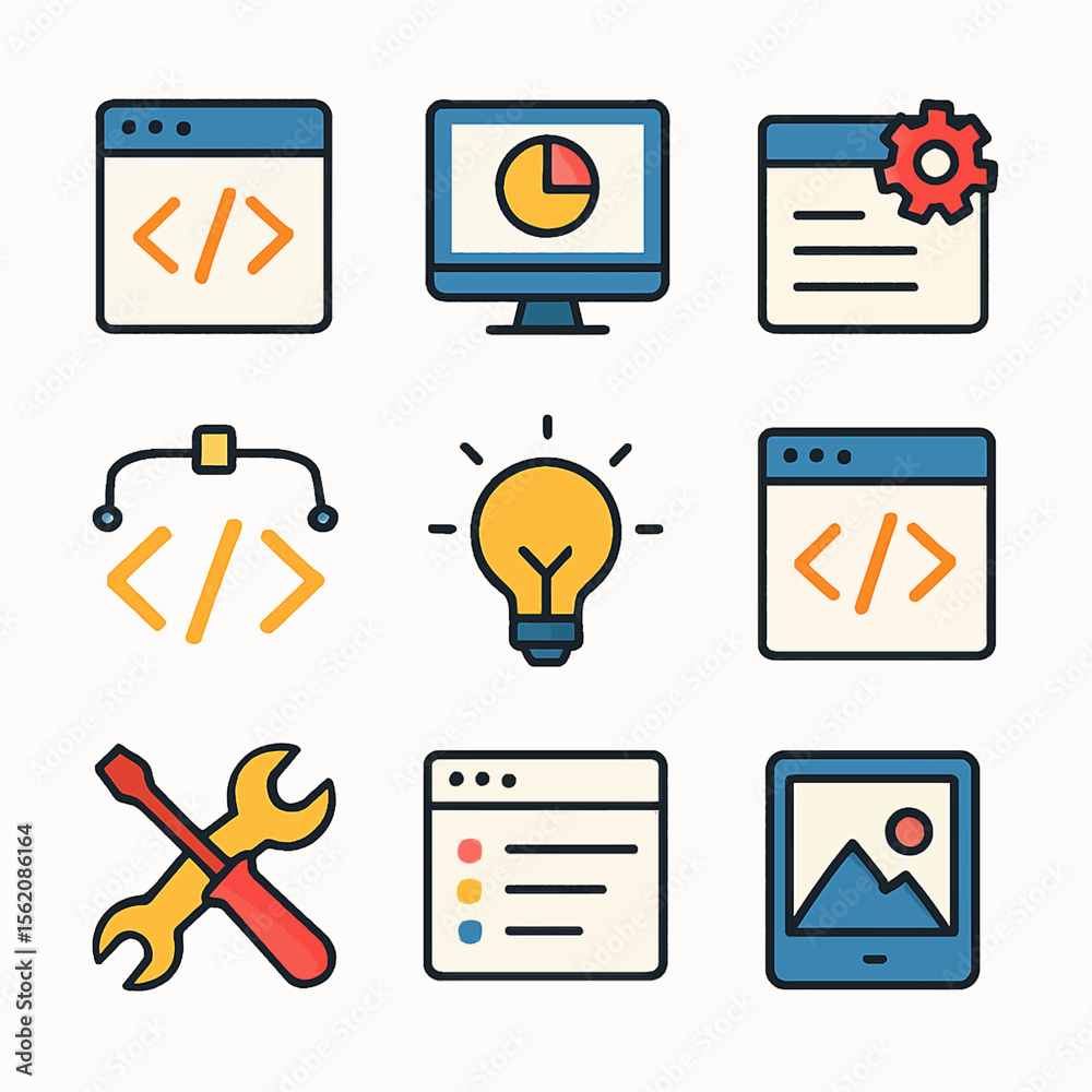 Poster web development icons featuring coding, design, settings, and tools for software creation