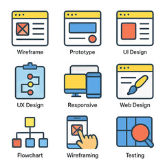 Web and app design process with wireframe, prototype, UI, UX, and web icons