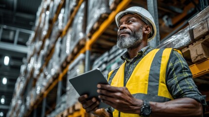 Warehouse worker in safety gear using a tablet while inspecting inventory in a busy storage facility