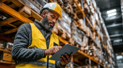 Warehouse worker using a tablet for inventory management amidst stacked pallets in a busy storage facility