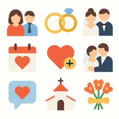 Wedding bliss showcased in flat vector icons symbolizing marriage and love