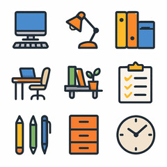 Workspace vector icons depict a desk, computer, lamp, and other office supplies