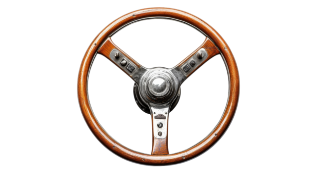 Classic wooden steering wheel from vintage car Transparent background, PNG