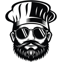 Cool chef portrait shows a man with beard, mustache, and sunglasses, all in black