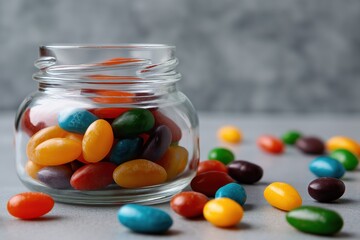 Colorful jelly beans in glass jar on gray surface