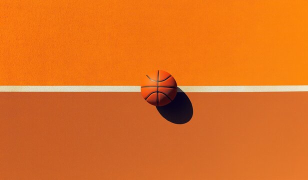 a orange basketball court with a single brown leather ball centered between clean white lines, soft shadows enhancing depth and negative space for a sleek branding or social media backdrop
