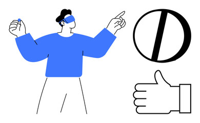 Person wearing VR headset gesturing, interactive elements thumbs up circular control and thumbs-up symbol. Ideal for VR, tech, innovation, gaming, education, design, simple landing page
