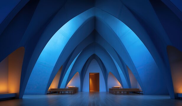 Futuristic church interior with arched ceilings and blue walls, harmonize modern aesthetics with traditional sacred architecture, featuring symmetrically arranged wooden pews
