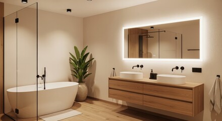 Fototapeta premium Luxurious Modern Bathroom Design: Clean Lines, Wood Accents, Elegant Mirrors, and Stylish Lighting for a Spacious Retreat