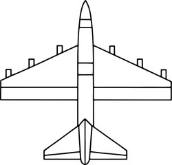 Jet plane outline in simple black and white style for aviation themed illustration projects