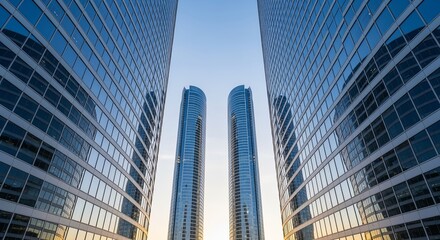 Symmetrical Reflections: Exploring Modern Glass Skyscrapers in Urban Cityscapes at Sunset