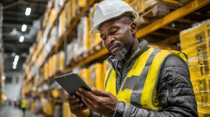 Warehouse worker using a tablet to manage inventory in a busy storage facility (1)