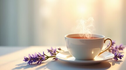 A cup of hot, steaming tea in the soft morning light, with lavender on the side. A cozy, relaxing, and peaceful scene perfect for a calm start to the day or a break.
