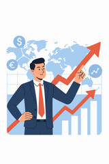 Businessman pointing at arrow graph showing growth and financial success. Global business investment strategy with data analysis to increase sales, revenue, and profit to achieve goals.