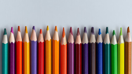 A layout of multicolored pencils arranged against a plain white backdrop