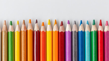 A layout of multicolored pencils arranged against a plain white backdrop