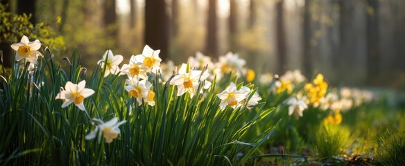 The beautiful daffodils blooming in a serene forest during springtime.