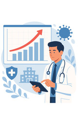 Healthcare business growth chart, doctor analyzing medical data on tablet, hospital investment, rising statistics, pandemic virus impact, medical report, healthcare analytics, increasing trends