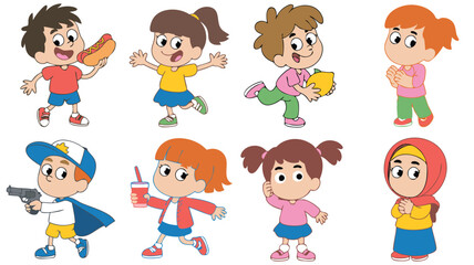 Cartoon of Eight Children Posing with Hotdog, Lemon, Gun, and Soda Cup