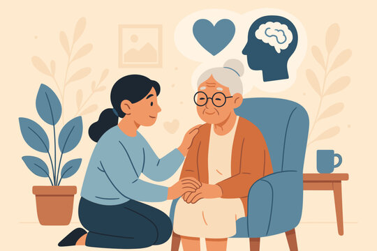 Elderly care support mental health concept. Young woman comforting senior lady. Dementia Alzheimer’s caregiver compassion. Brain memory loss awareness. Flat vector cartoon illustration home setting