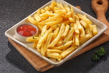French fries are deep-fried potato strips, typically salted and served with ketchup or other sauces.