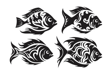 Four decorative black and white fish with tribal patterns exhibit a unique aquatic style