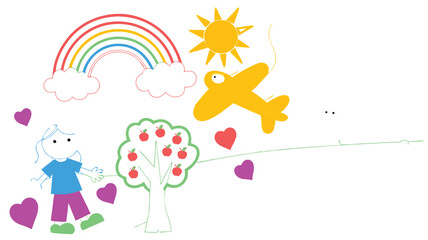Fototapeta premium Child's Drawing Featuring Rainbow, Clouds, Sun, Airplane, Girl, Tree, Apples, Hearts, and Simple Line