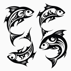 Four fish swim with tribal designs in black against the blank background