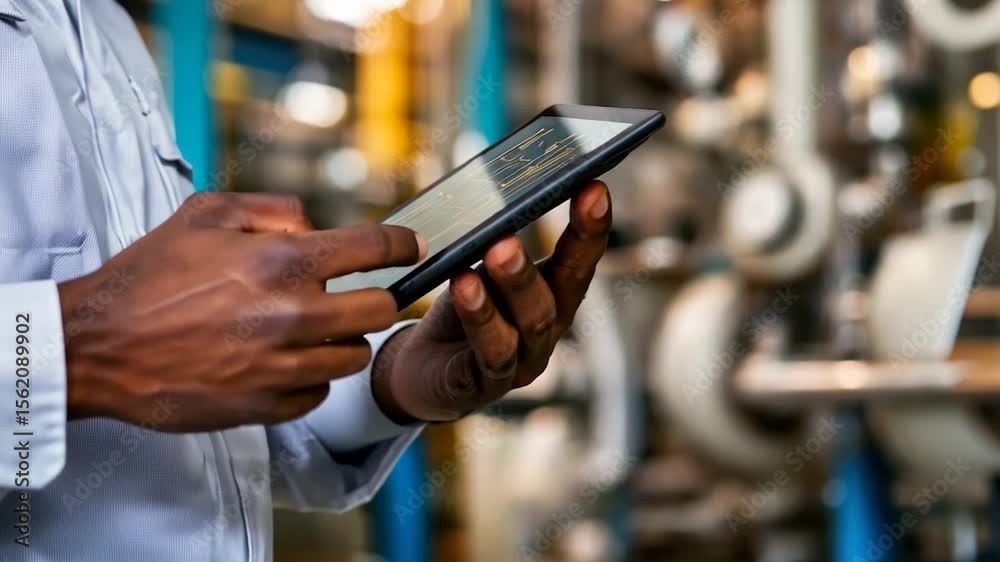 Poster Person using a tablet in a factory setting