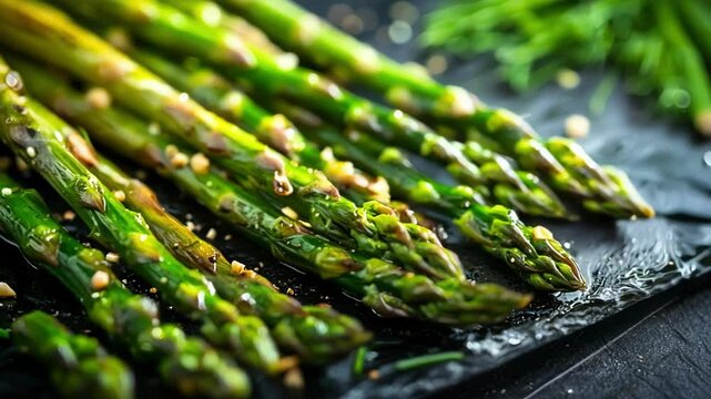 Asparagus spears are roasted and seasoned with garlic, herbs, and spices on a black slate platter. This image is perfect for food bloggers, recipe websites, and healthy eating promotions