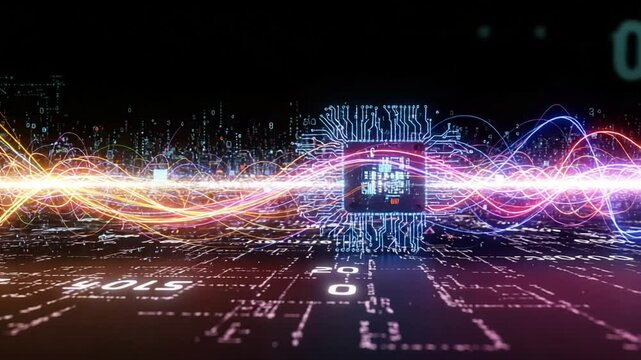 Abstract digital circuit with vibrant data flow patterns