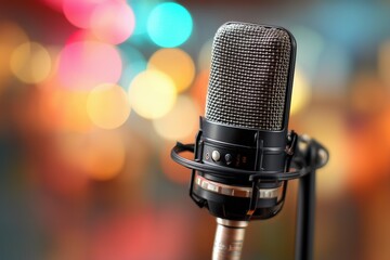 Professional microphone on pastel multi colored defocused background